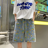 Hearujoy Summer Denim Shorts Men Fashion Vintage Jeans Shorts Men Streetwear Hip-hop Loose Flower Shorts Mens Retro Beach Shorts M-3XL